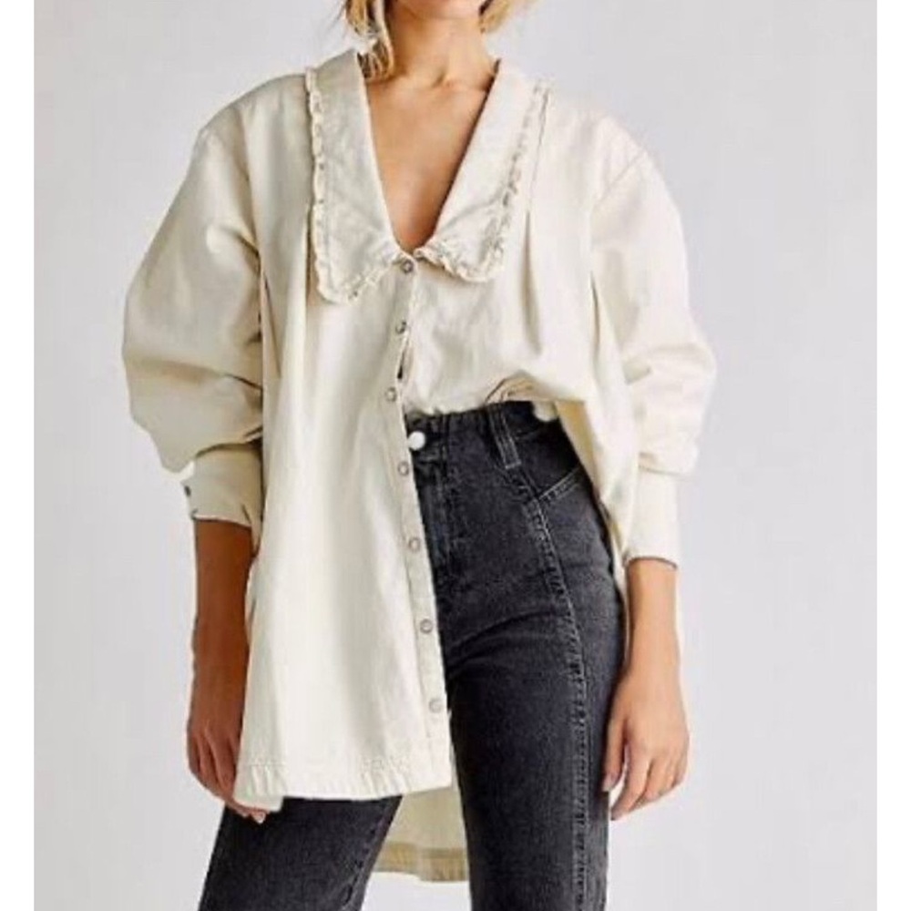 Free People Cotton Cream Denim Dress with pearl snap Detail oversized jacket.